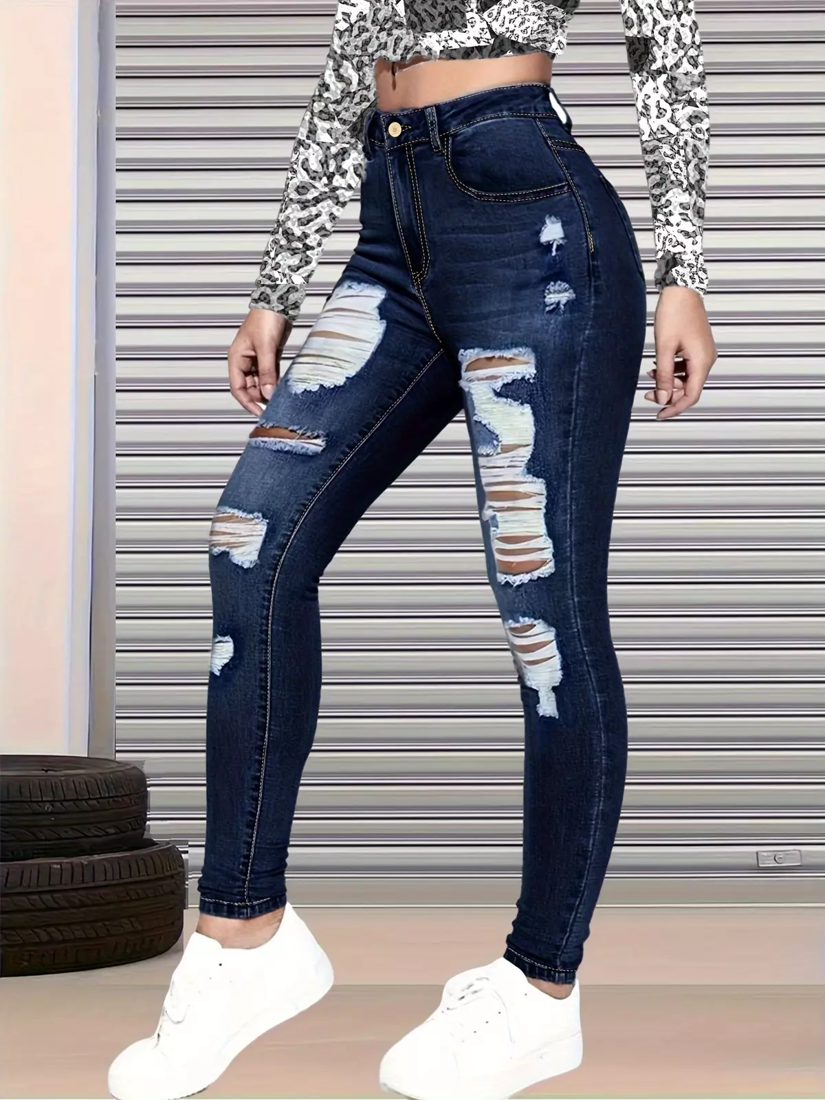 Ripped Holes Casual Skinny Jeans, Slim Fit High Stretch Tight Jeans, Women's Denim Jeans & Clothing