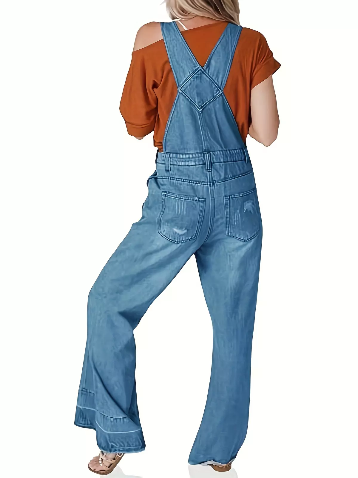 Adjustable Strap Wide Leg Overall Jumpsuits, Vintage Sleeveless Overall Jumpsuit With Pocket, Women's Clothing-Blue