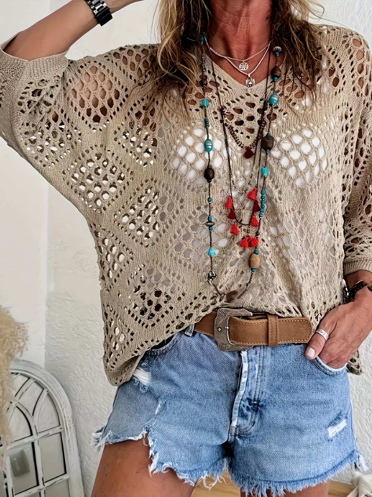 Plus Size Argyle Pattern Knitted Top, Casual Cut Out Long Sleeve Top, Women's Plus Size Clothing