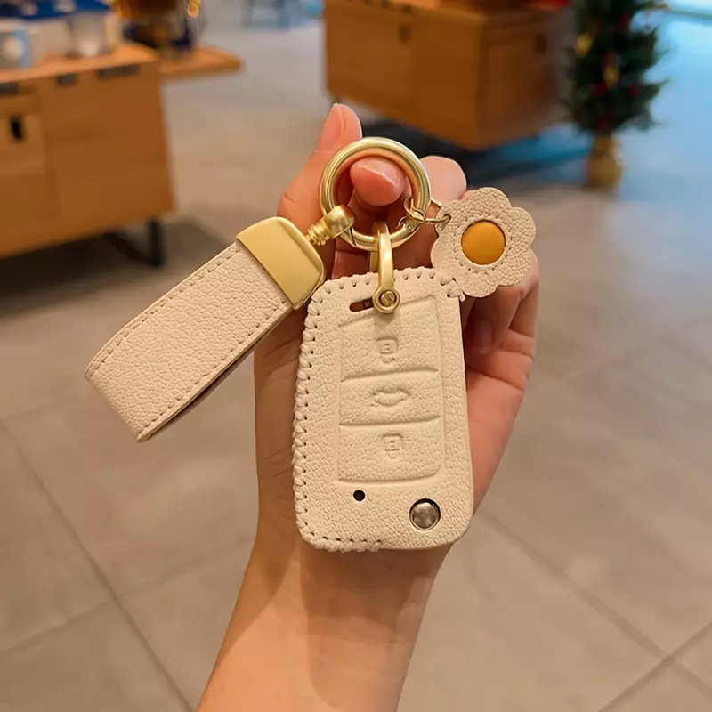 Suitable For Volkswagen Key Case For Sagitar For Lavida For Golf For POLO Key Bag, Remote Control And Modification-White + Yellow PU Leather Rope