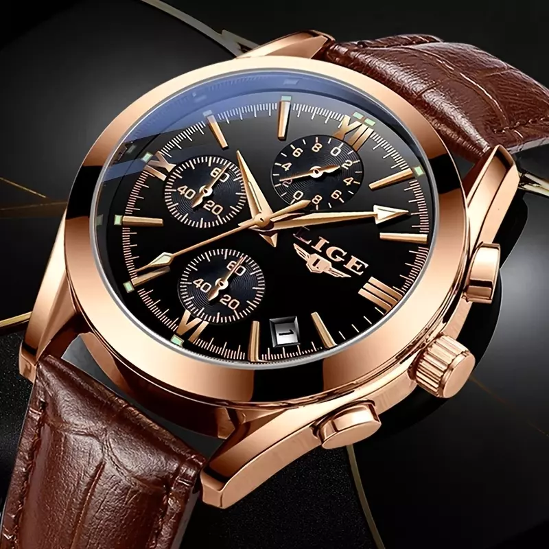 LIGE 2022 Executive Waterproof Quartz Men's Watch - Sport Chronograph with Luminous Details, Calendar & Premium PU Leather-Silver Blue