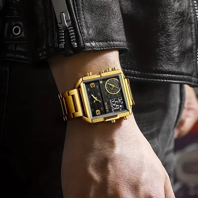 LIGE Luxury Vintage Golden Watch for Men: Waterproof Dual Display with Night Glow, Alarm, Elegant Square Design-Golden Black