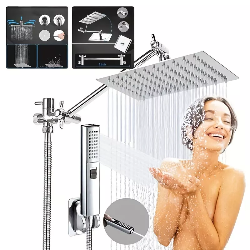 Powerful High Pressure 8'' Showerhead Set - 9'' Extension Arm - Square Rainfall