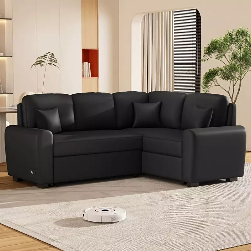 1pc 87.4"Sectional Sleeper Sofa, Pull-Out Sofa Bed With 3 Pillows, L-Shape Chaise For Living Room Small Apartment, Black
