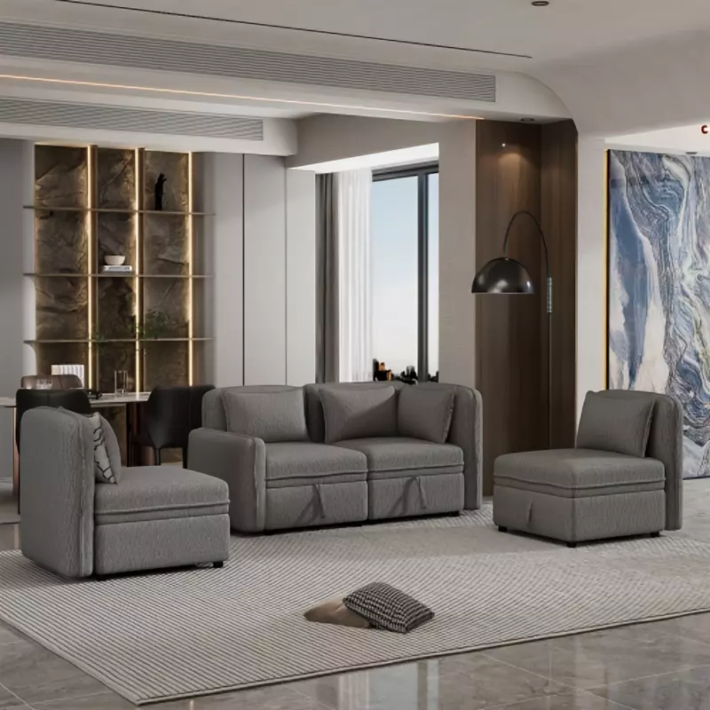 122.8" Convertible Modular Minimalist Sofa Free Combination 4 Seater Sofa Chenille Fabric Sectional sofa with 5 Pillows for Living Room, Office, Apartment, Small Space, Gray