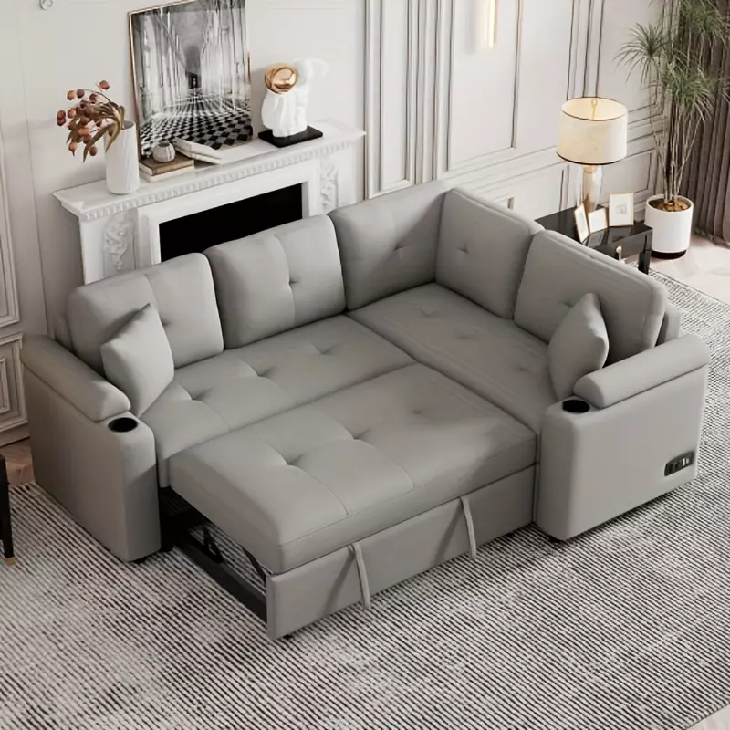87.4" L-shape Sofa Bed Pull-out Sleeper Sofa with Wheels for Living Room, Grey