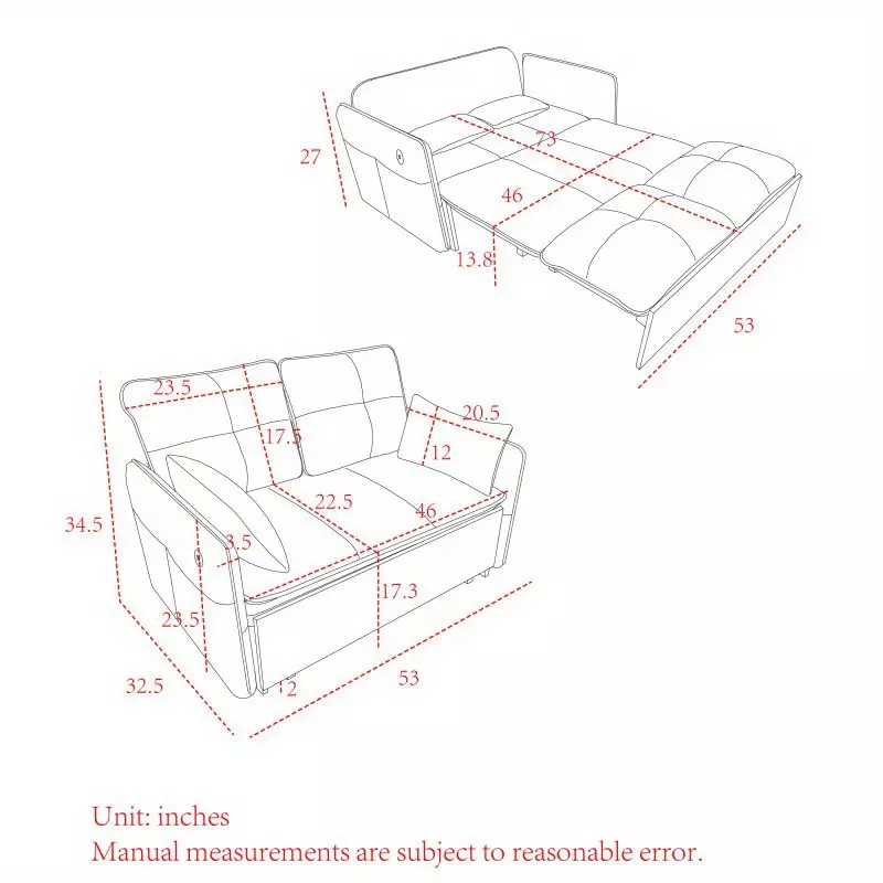 Modern Convertible Sofa Bed with 2 Removable Armrests with USB Power Port, Velvet Recliner Adjustable Upholstered Sofa with Head Pullout Bed for Living Room, Apartment