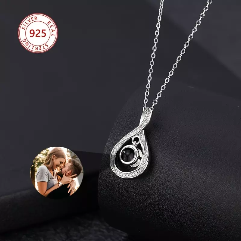 [Customized] Photo Necklace With Picture Inside, Personalized Mobius Photo Necklace, I Love You Necklace, 100 Languages Photo Pendant Necklace, Picture Projection Necklace, Ideal Choice For Gift-Silvery