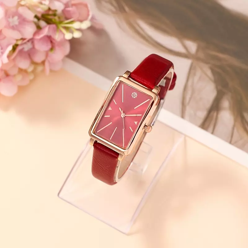 Rectangular Quartz Watch Elegant Rhinestone Inlaid Minimalist Small Watch Women Suit Dress Wrist Watches-Red