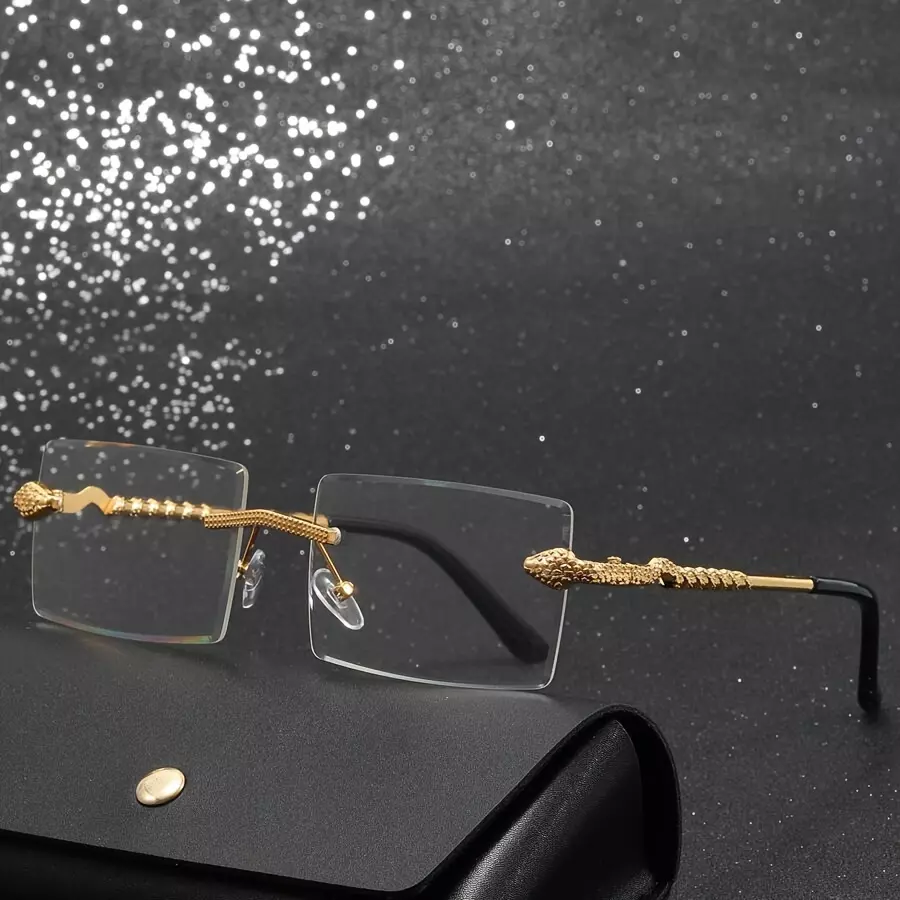 1pair Elegant Golden Rimless Square Frame Glasses, Unique Snake Design Temples Metal Glasses, For Men Women Business Daily Decors
