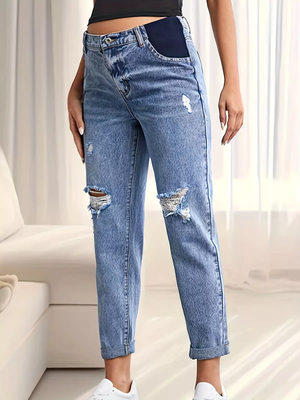 Women's Maternity Solid Ripped Denim Pants, Casual Stylish Jeans
