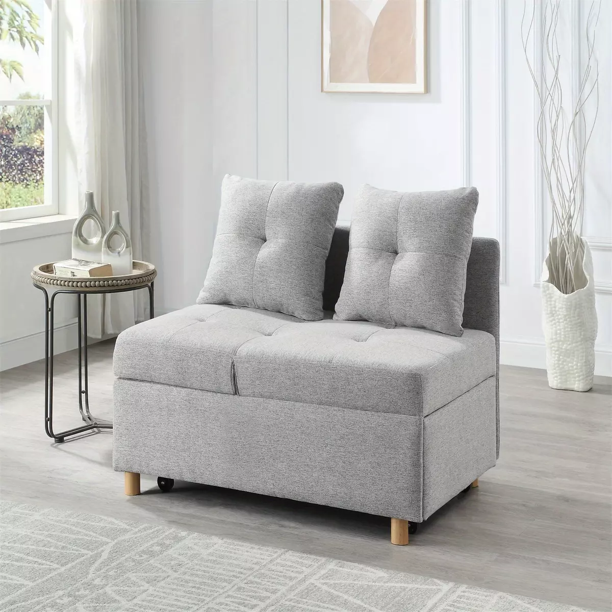 BKHOME Single Sofa Bed with Pullout Sleeper, Convertible Folding Futon Chair, Lounge Chair Set with 2pcs Pillow, Light Gray Color Fabric