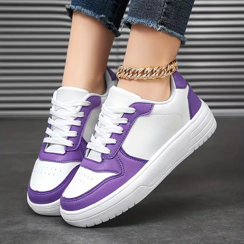 Women's Fashion Color Block Low-Top Sneakers, Comfortable & Breathable Lace-Up Design, Casual Athletic Skate Shoes-White And Green
