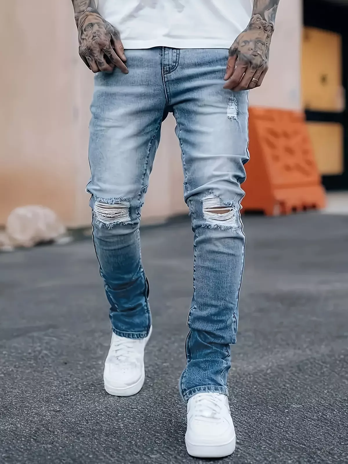 Chic Ripped Jeans, Men's Casual Street Style Stretch Jeans-Blue
