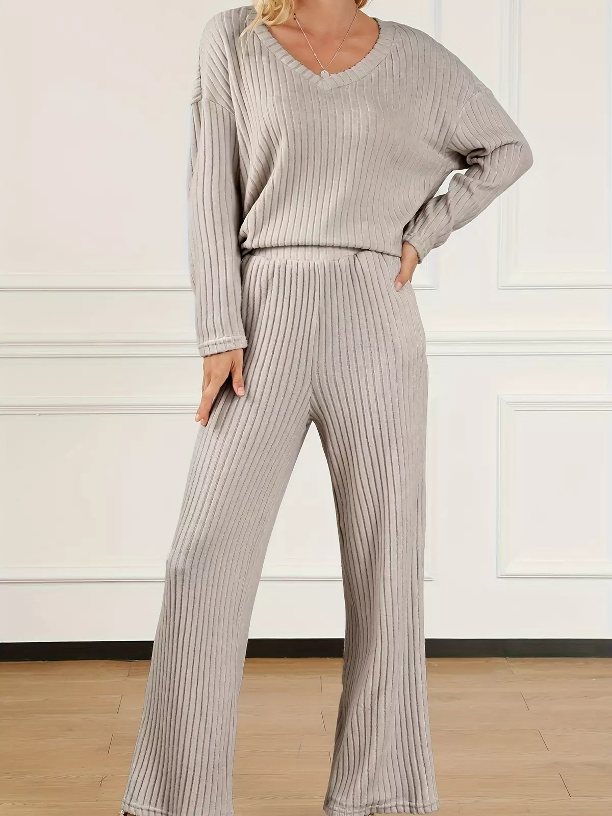 Khaki Ribbed Knit V Neck Slouchy Two-piece Outfit