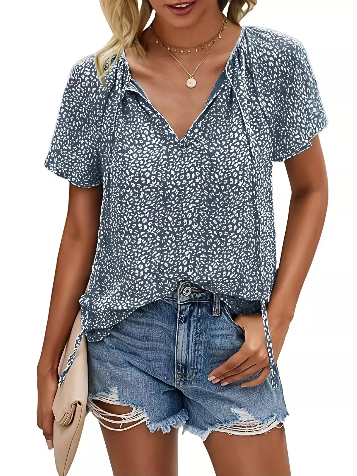 V Neck Flutter Sleeve Blouse, Loose Casual Top For Summer & Spring, Women's Clothing-Khaki