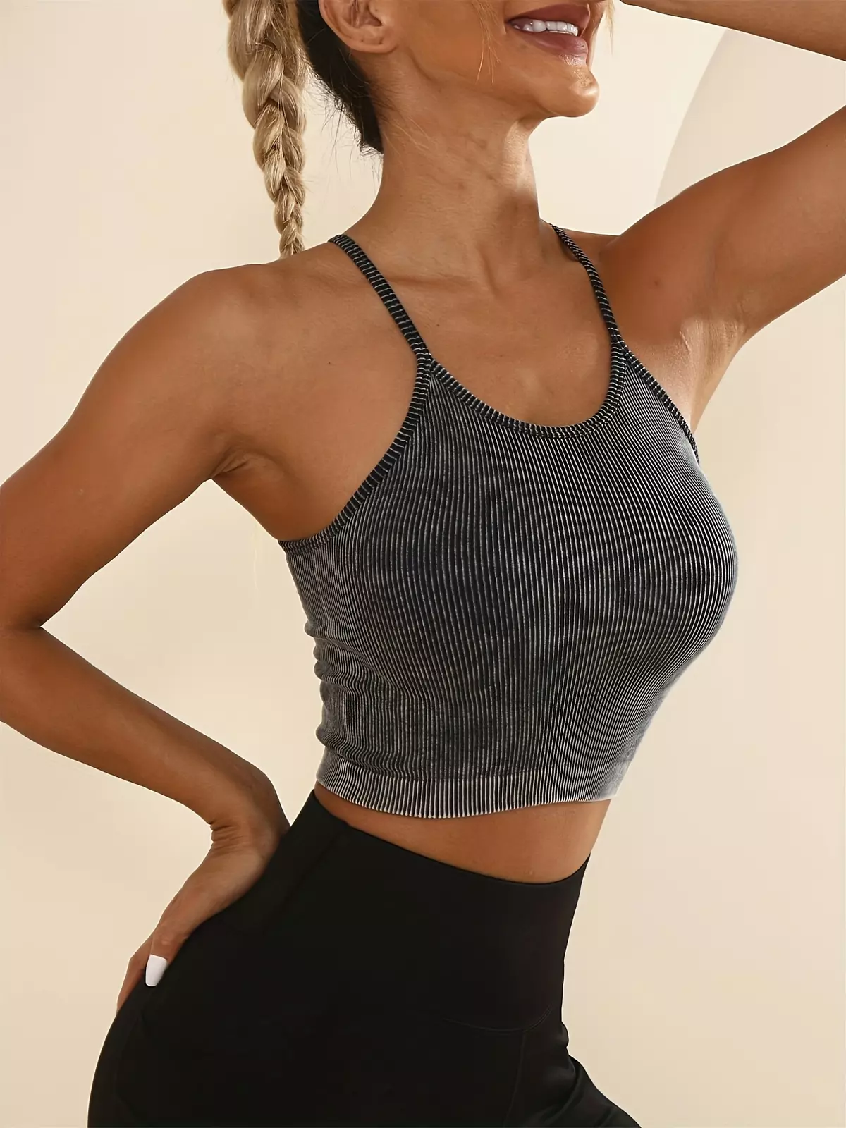 Women's Seamless Sleeveless Backless Racerback Washed Cropped Ribbed Yoga Tank Top Without Pads-Olive Green