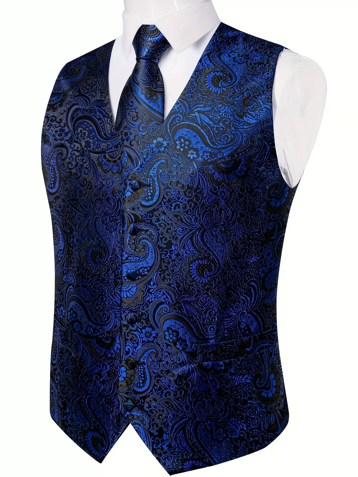 Men's Blue Jacquard Print Suit Vest With Tie, Wedding, Banquet, Trendy Men's Wear