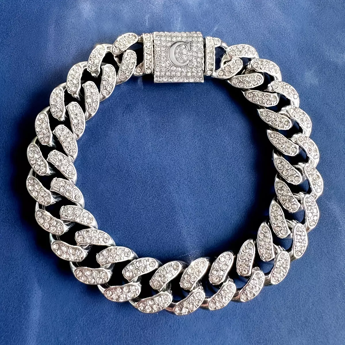 Shine with Swagger Initial Buckle Bracelet Hip Hop Solid Iced Out Cuban Link Chain Bracelet for men and women-Silvery