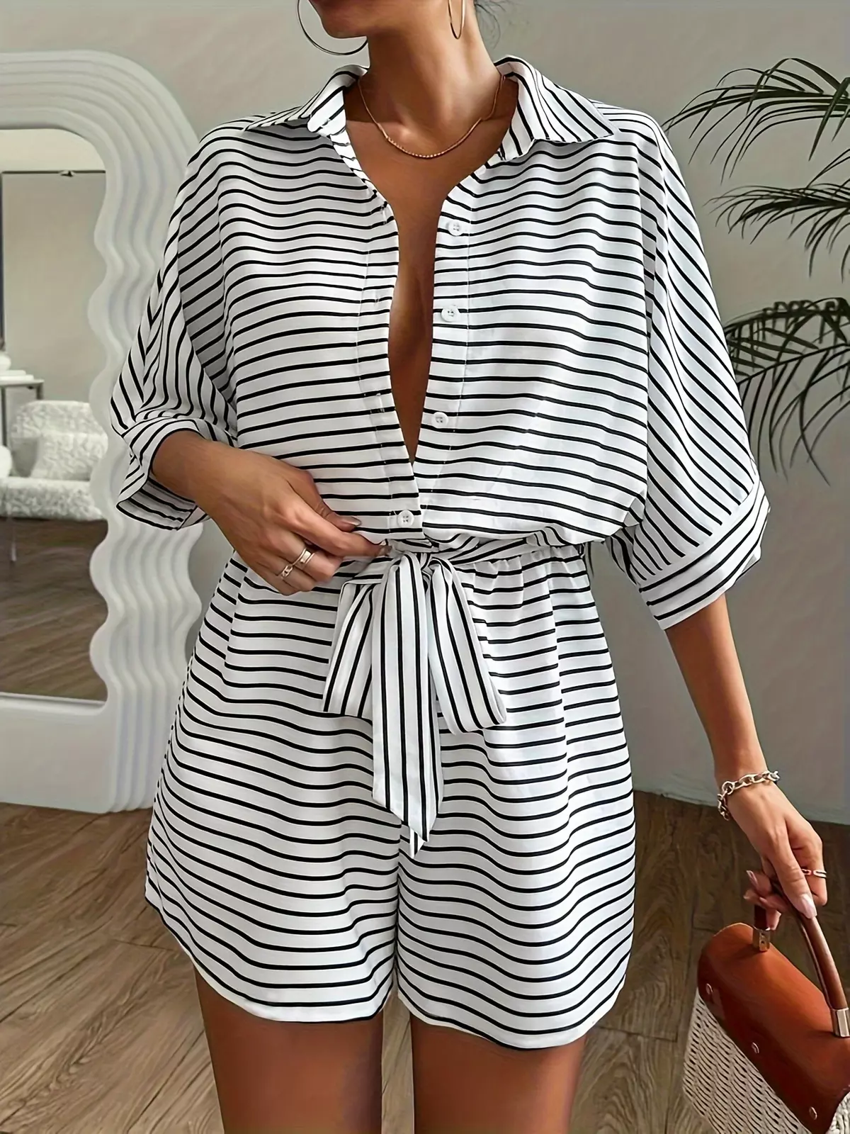Striped Print Button Front Romper Jumpsuit, Casual Romper Jumpsuit For Spring & Summer, Women's Clothing