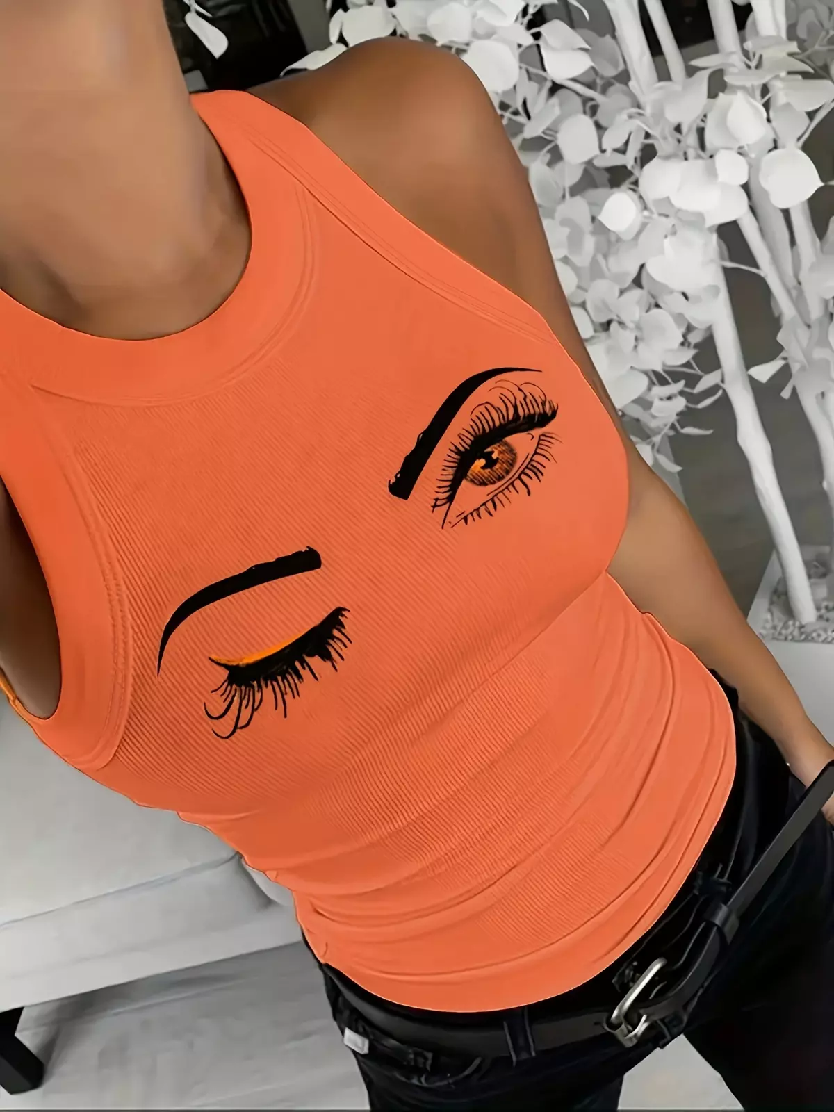 Eye Print Ribbed Tank Top, Casual Sleeveless Top For Summer, Women's Clothing-Pink Color