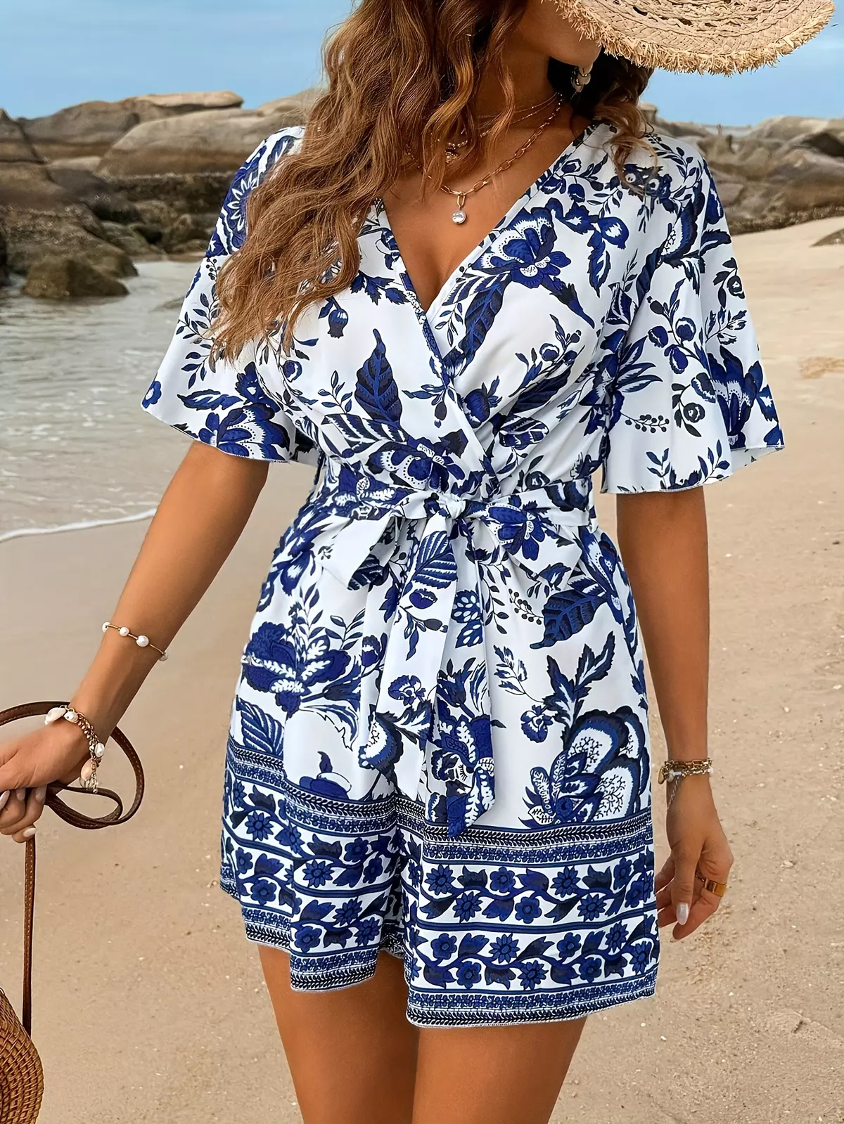 Floral Print V Neck Romper Jumpsuit, Vacation Short Sleeve Romper Jumpsuit, Women's Clothing