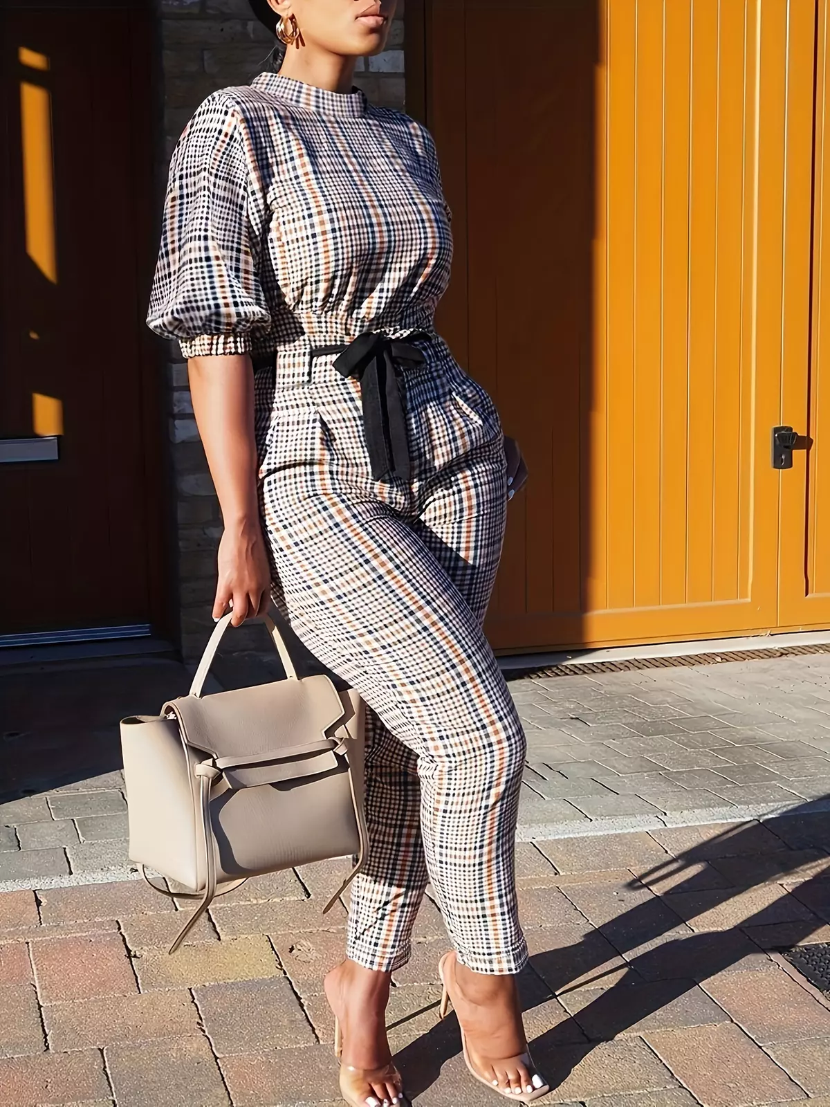 Plaid Pattern Mock Neck Jumpsuit, Casual Puff Sleeve Slim Belted Jumpsuit, Women's Clothing-Blue
