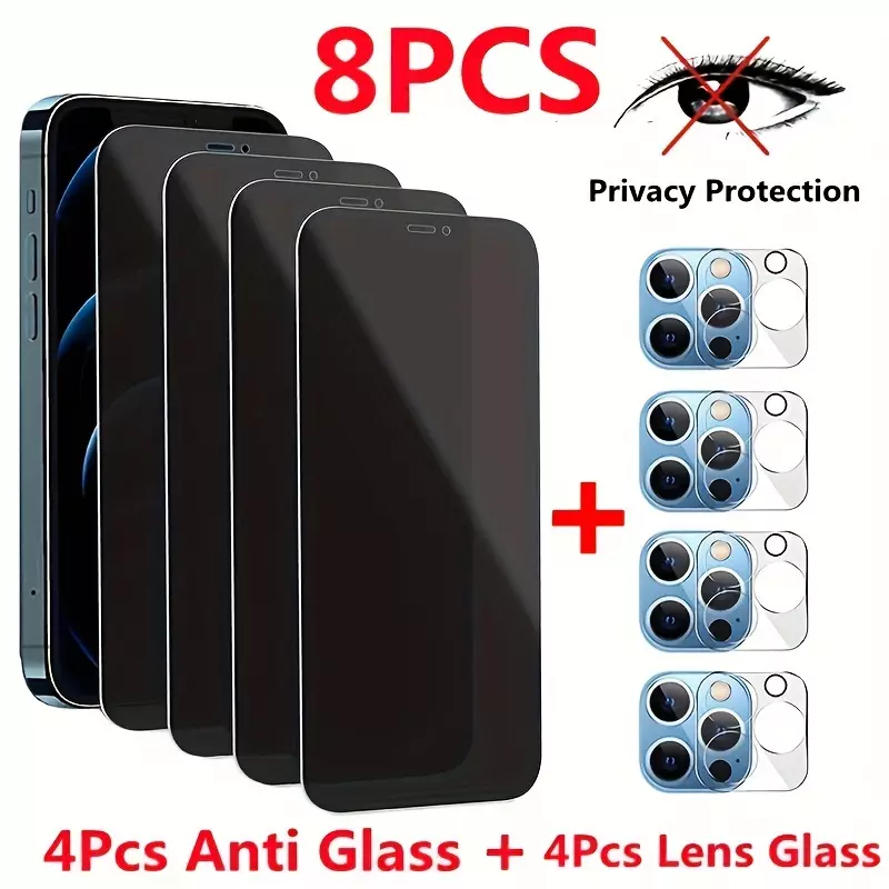 8pcs/set 4pcs Privacy Screen Tempered Glass Film + 4pcs Lens Film For IPhone 11/12/13/14/15 Pro Max