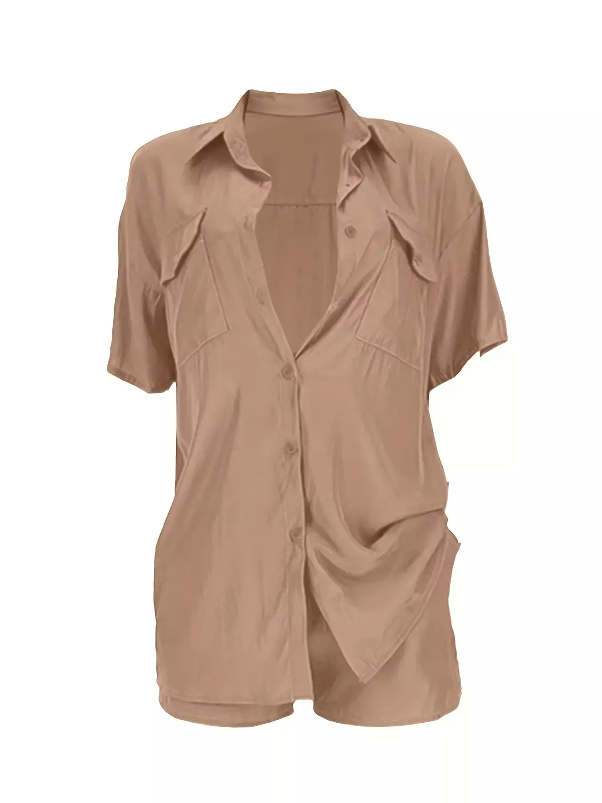 Casual Matching Two-piece Set, Button Front Blouse & Drawstring Shorts Outfits, Women's Clothing-Rose Red