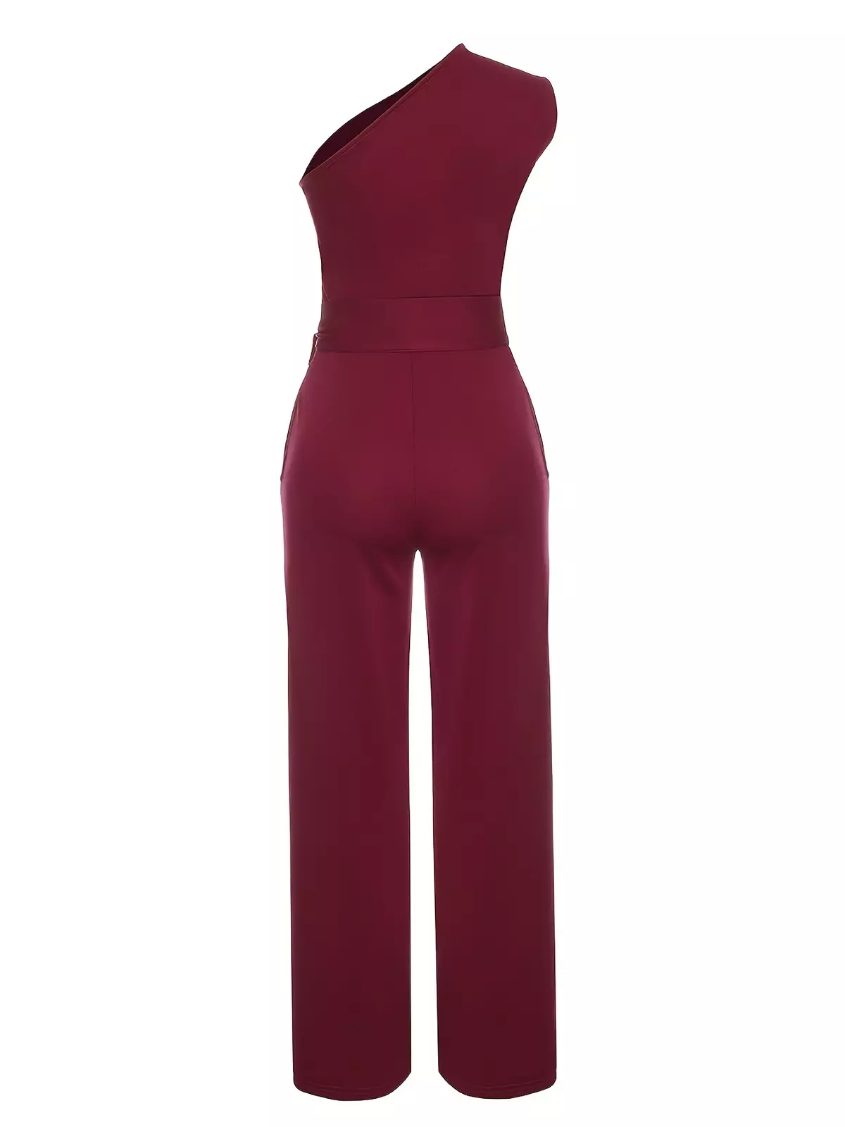 Solid Sleeveless Slanted Shoulder Tie Waist Jumpsuit, Pockets Wide Leg Elegant Jumpsuit, Women's Clothing-Burgundy