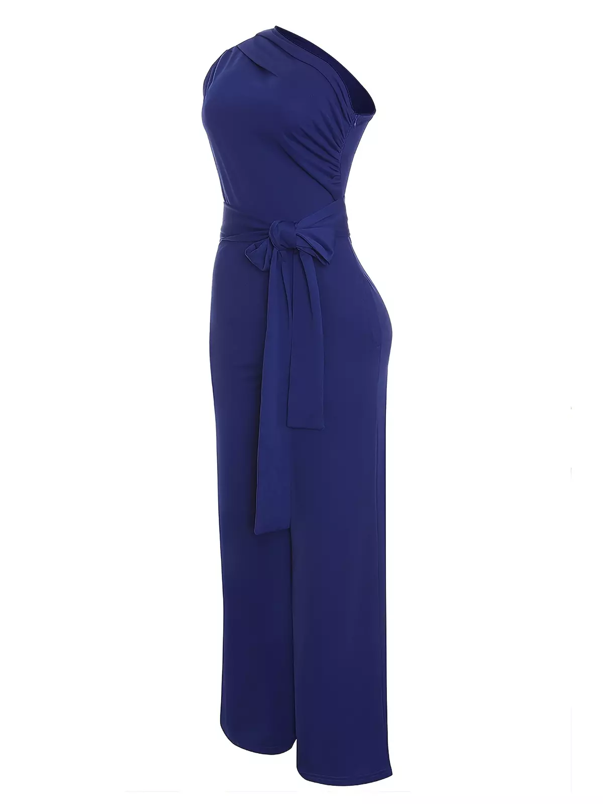 Solid Sleeveless Slanted Shoulder Tie Waist Jumpsuit, Pockets Wide Leg Elegant Jumpsuit, Women's Clothing-Navy Blue