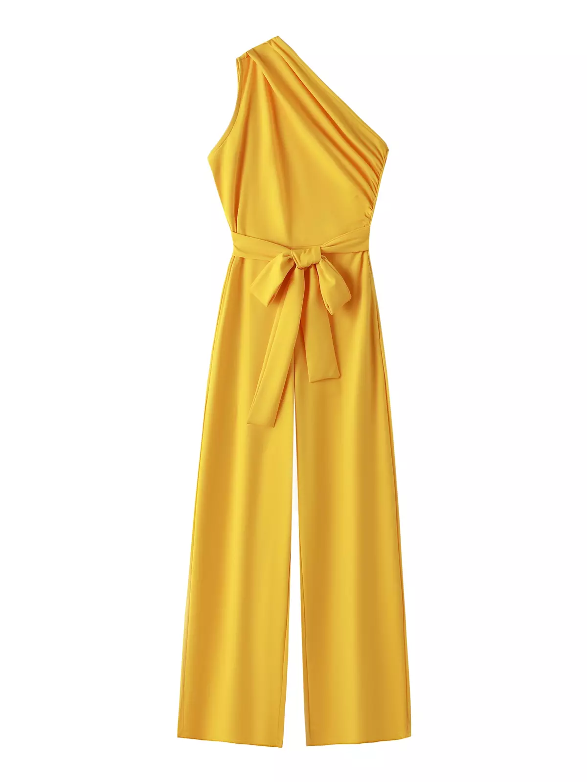 Solid Sleeveless Slanted Shoulder Tie Waist Jumpsuit, Pockets Wide Leg Elegant Jumpsuit, Women's Clothing-Khaki