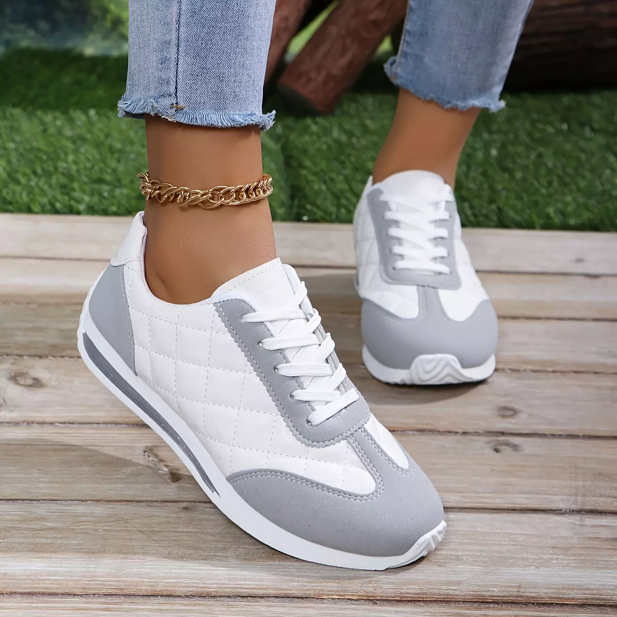 Chic, Comfortable Women's Sneakers: All-Season, Soft Sole, Quilted Design - Perfect for Running, Walking, and Casual Wear-Light Grey