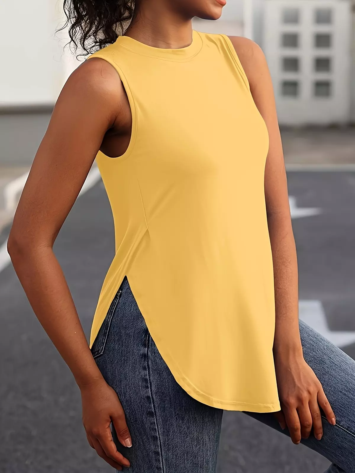 Solid Crew Neck Tank Top, Casual Sleeveless Split Top, Women's Clothing-Coffee