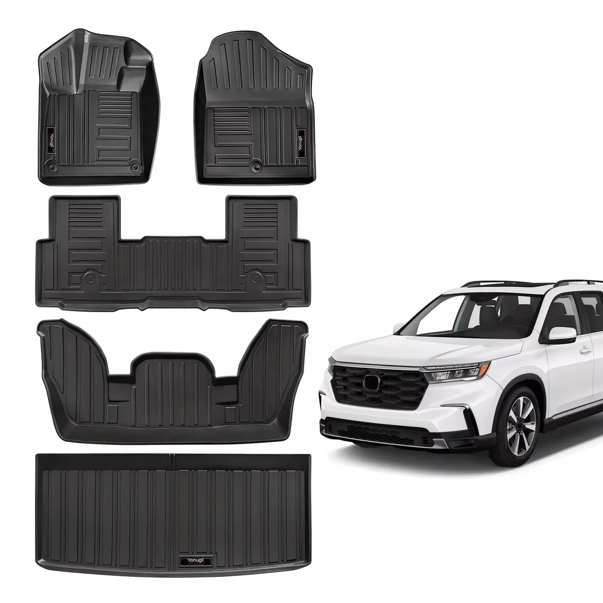 Floor Mats 3row and Cargo Trunk Liner Compatible for Honda Pilot 2023 2024Accessories All Weather TPE Protection Black Accessories