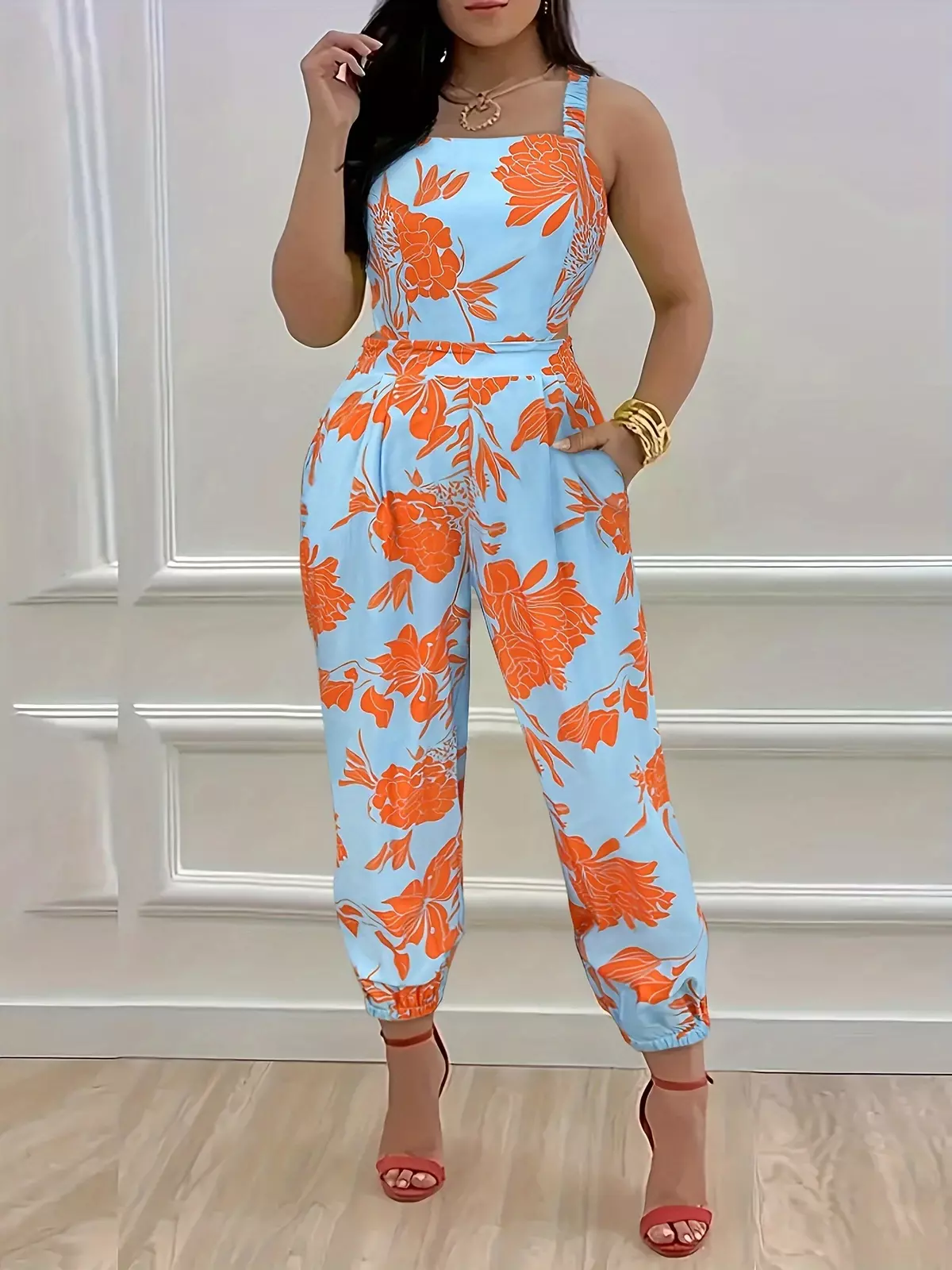 Floral Print Tie Back Jumpsuit, Casual Sleeveless Jumpsuit For Spring & Summer, Women's Clothing