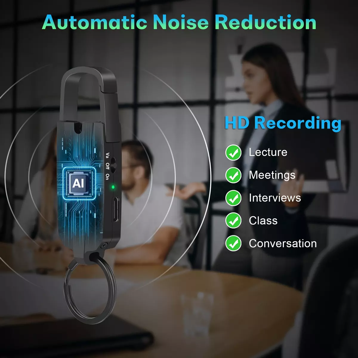 64GB Digital Voice Recorder with Playback, AI Noise Canceling Voice Activated Recorder, 760 Hours Capacity Audio Recording Device for Lectures Meetings Interviews