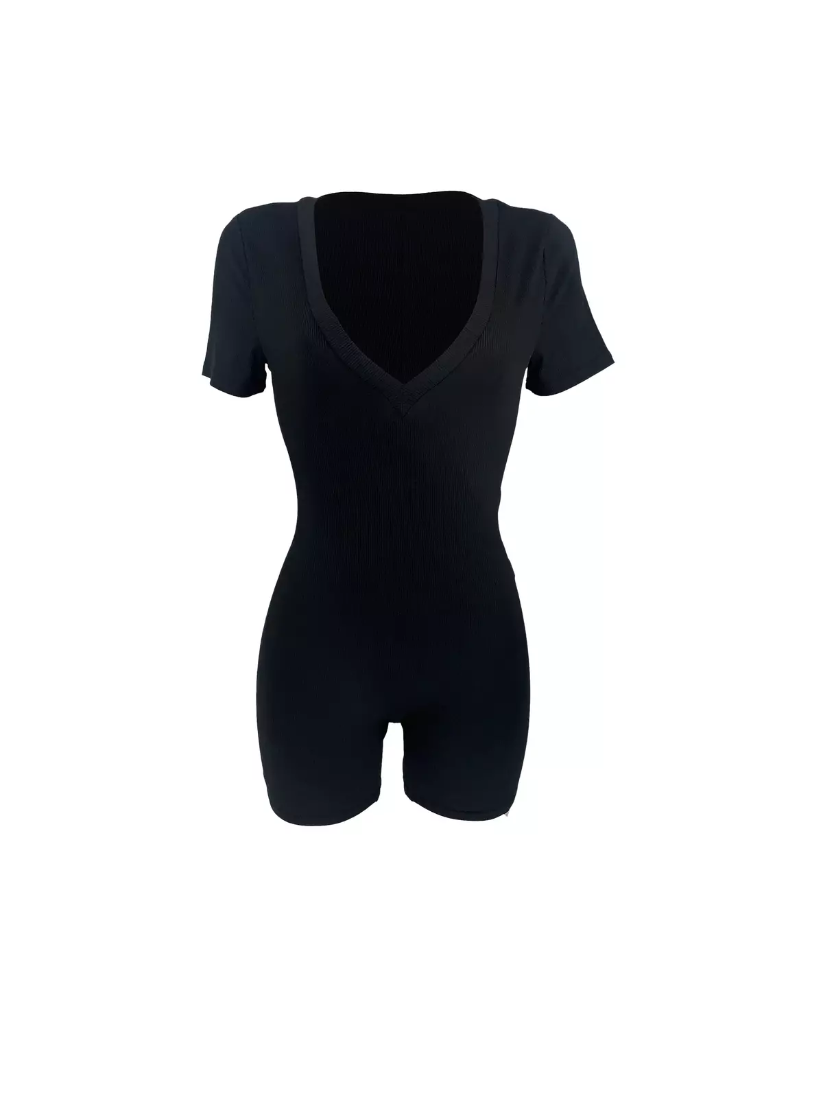 Solid Color Deep V Neck Romper Jumpsuit, Elegant Short Sleeve Bodycon Romper Jumpsuit, Women's Clothing