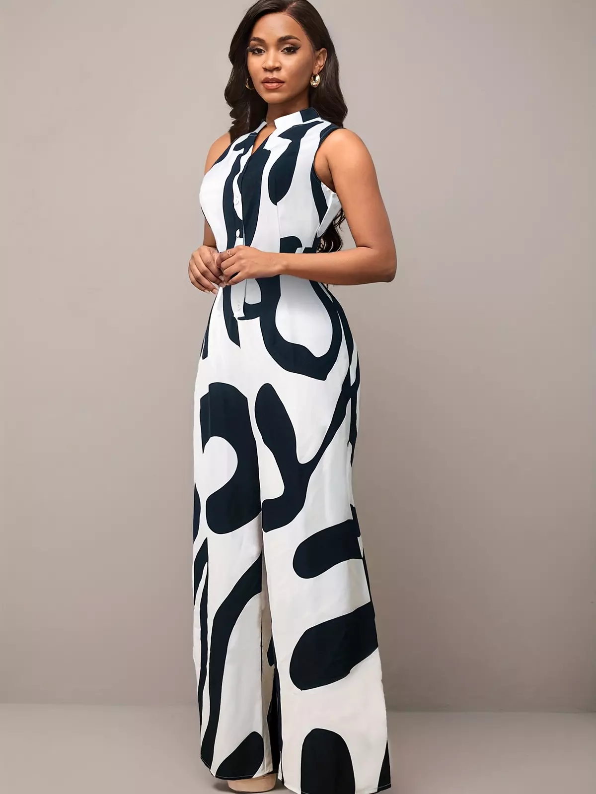 Chic Sleeveless Abstract-Print Jumpsuit - Wide-Leg Design for Relaxed Spring & Summer Wear