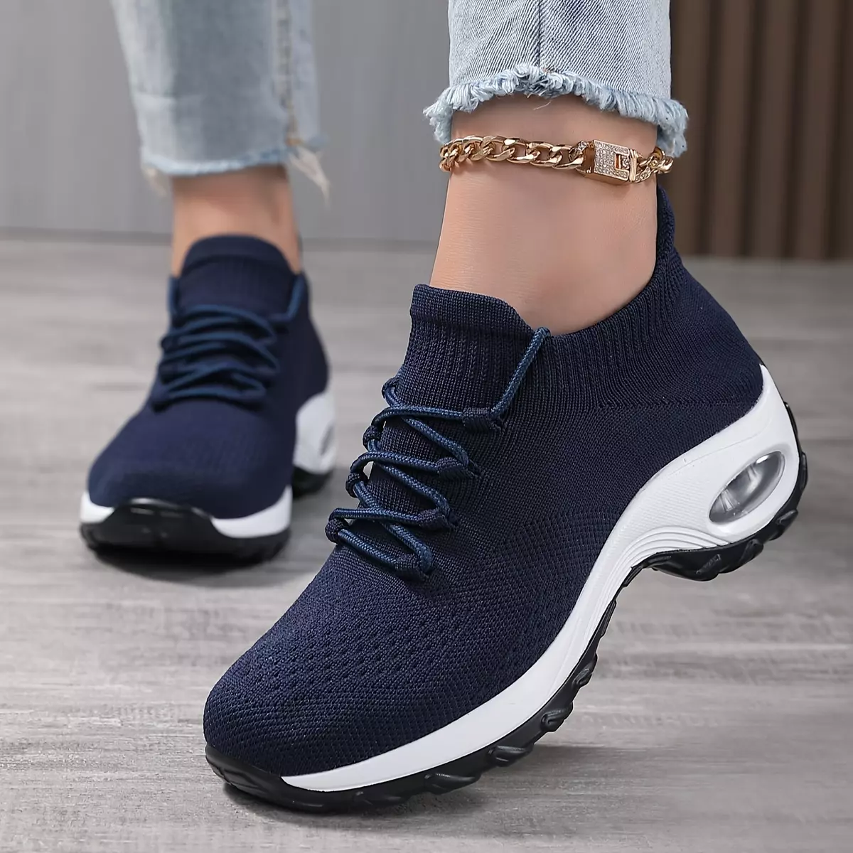 Women's Breathable Knit Chunky Sneakers, Casual Lace Up Outdoor Shoes, Comfortable Low Top Sport Shoes