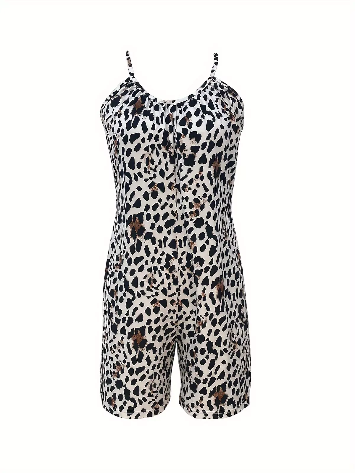 Leopard Print Spaghetti Strap Romper Jumpsuit, Casual Cold Shoulder Sleeveless Slim Romper Jumpsuit, Women's Clothing