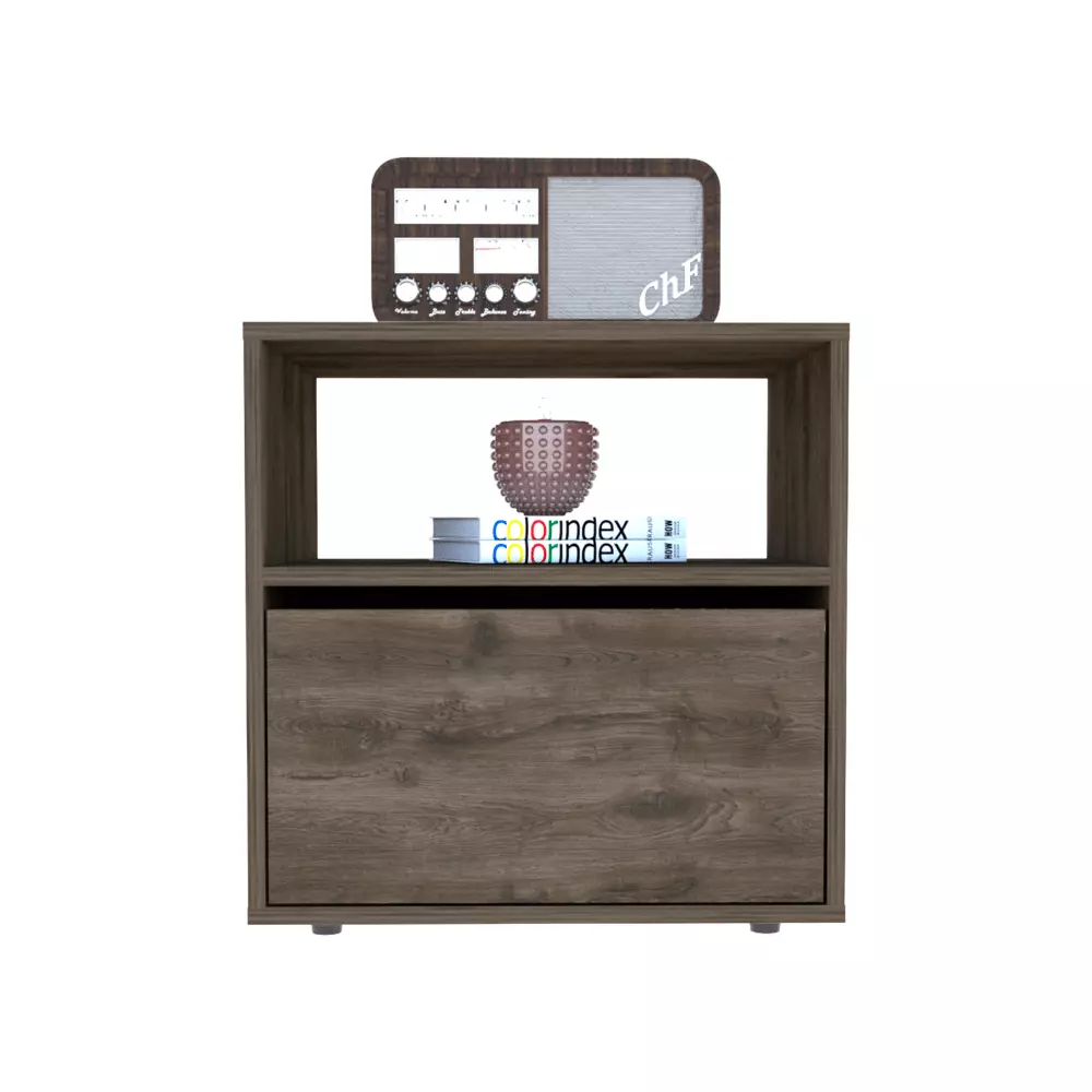 Nightstand 20"H, Superior Top, Open Shelf, One Cabinet, Dark Brown