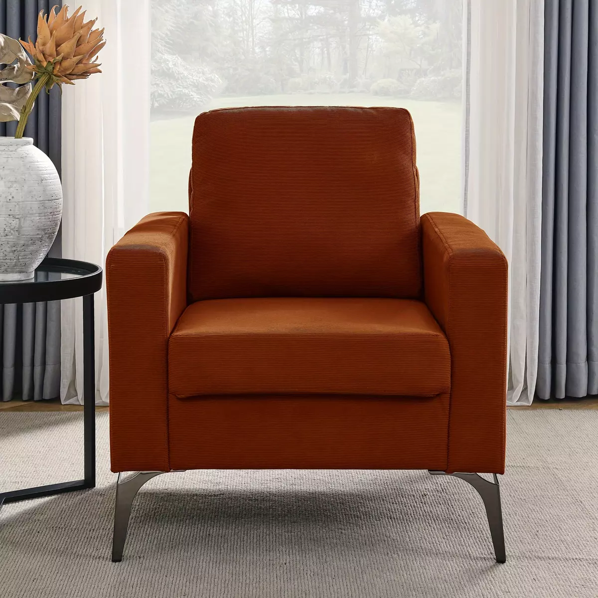 Sofa Chair, With Square Arms And Tight Back Corduroy Orange