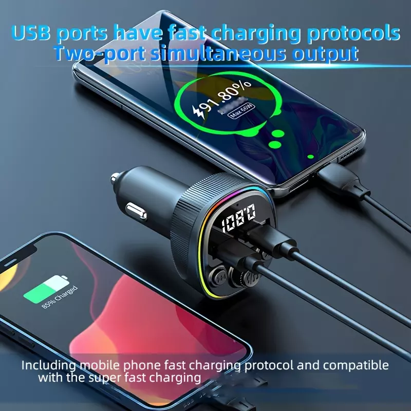 66W Super Fast Charge MP3 Car FM transmitter player 12~24V adaptive USB port Full protocol Super Fast Charge 2USB port (5V/3.1A) with answer button