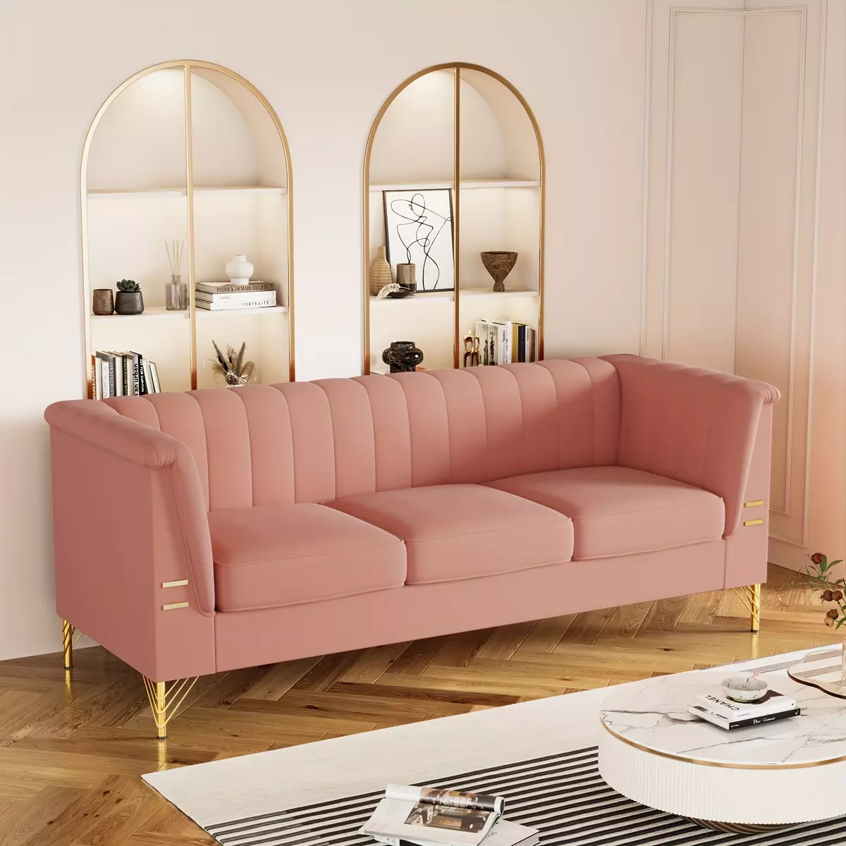 1pc 83.46" Chesterfield Velvet Sofa, Velvet Chesterfield Sofa with Golden metal Legs, Modern Velvet Tufted Upholstered Sofas Couches, Mid-Century Modern Sofa for Living Room,Bedroom,Office,Apartment (Pink)
