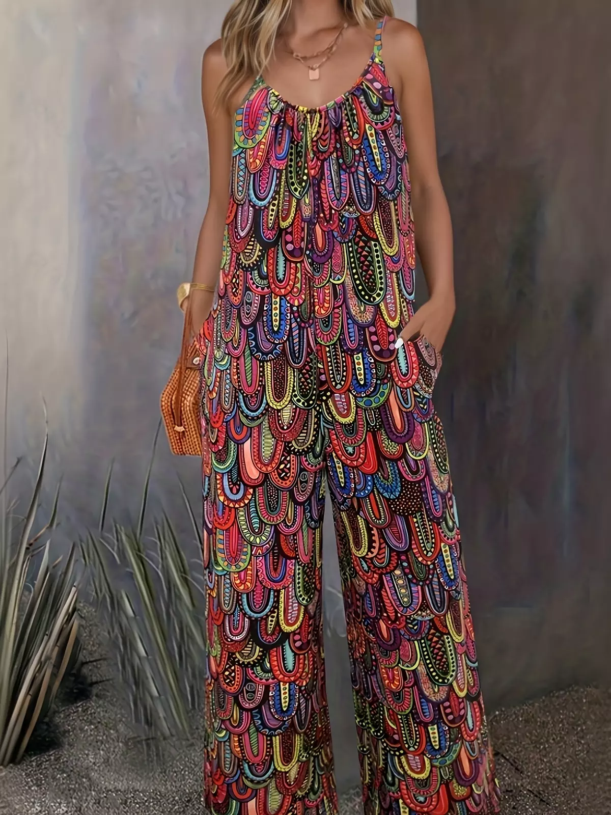 Chic Boho Wide-Leg Jumpsuit for Women - Sleeveless, Graphic Print, Perfect for Spring & Summer