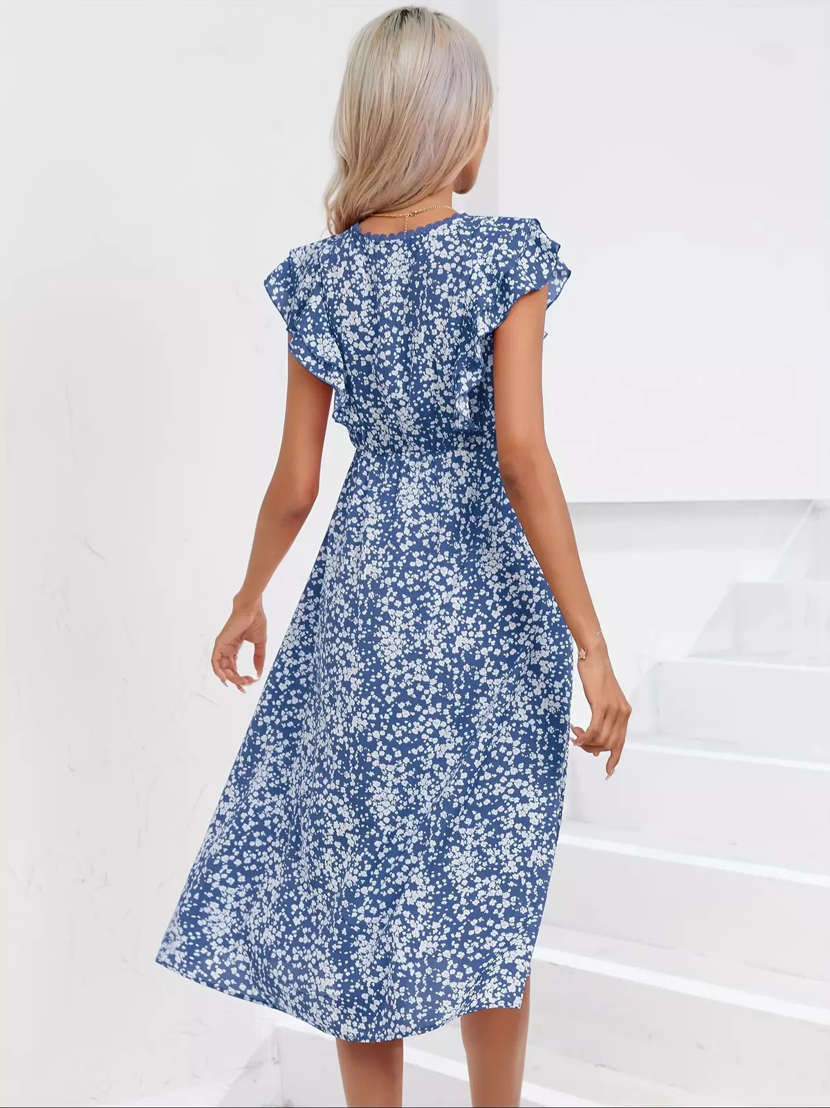 Women's Maternity Flowers Print Dress, Elegant V-Neck And Flying Sleeves Ruffle Hem Midi Dress-Navy Blue
