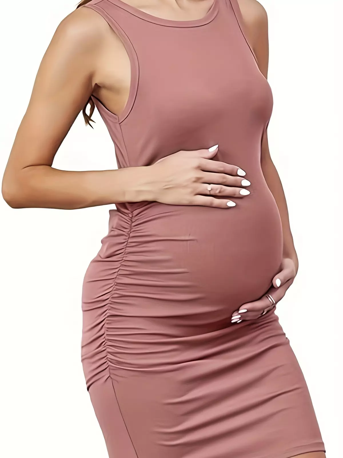 Women's Maternity Summer Dress Side Ruching Sleeveless Bodycon Dress Slim Fitted Pregnancy Dress-Apricot