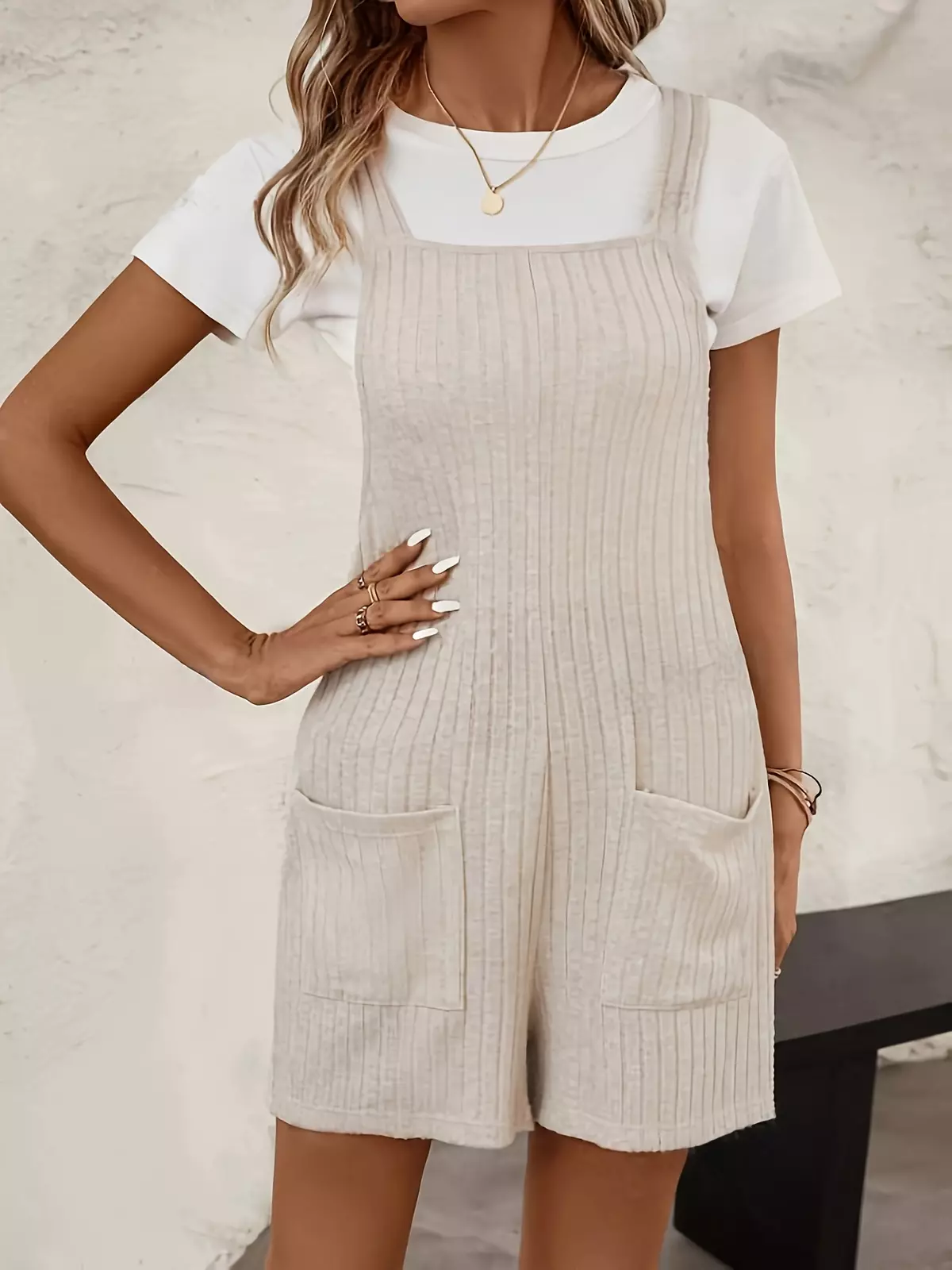 Solid Color Double Pockets Romper Jumpsuit, Elegant Sleeveless Slim Ribbed Romper Jumpsuit, Women's Clothing
