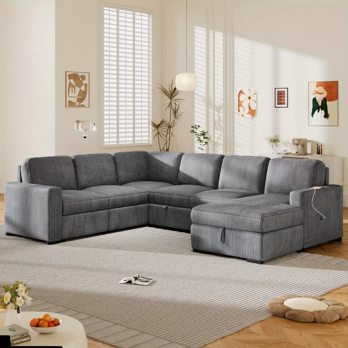 U_Style U-shaped Corduroy Combination Corner Sofa with Storage Lounge Chair, 6-seater Oversized Sofa, With USB interface